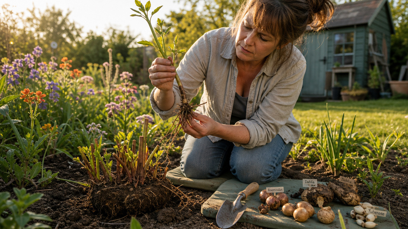 Mulher ajoelhada no jardim, segurando planta com raízes e preparando mudas para plantio.