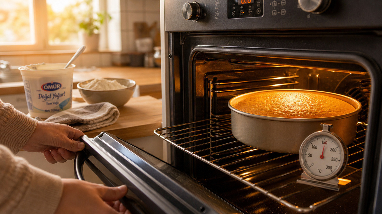 Pessoa abrindo forno para verificar bolo assando com termômetro à temperatura na cozinha iluminada.