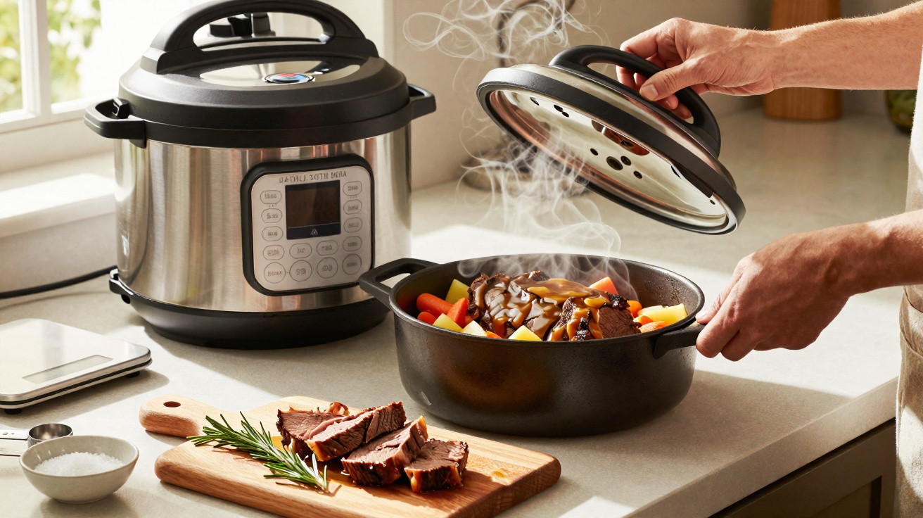 Panela elétrica, assado com legumes e carne fatiada em cozinha iluminada com luz natural.