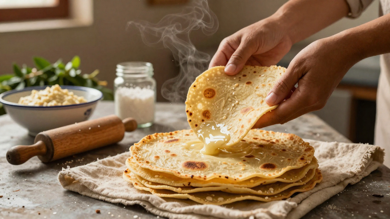 Mãos segurando pão sírio quente com manteiga derretida sobre pilha de pães frescos em mesa com ingredientes.