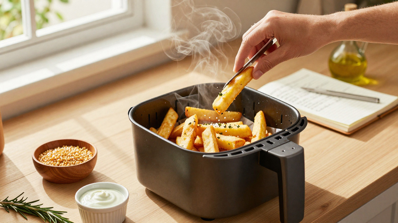 Mão usando pegador para retirar batata frita quente de uma air fryer preta em bancada de cozinha.