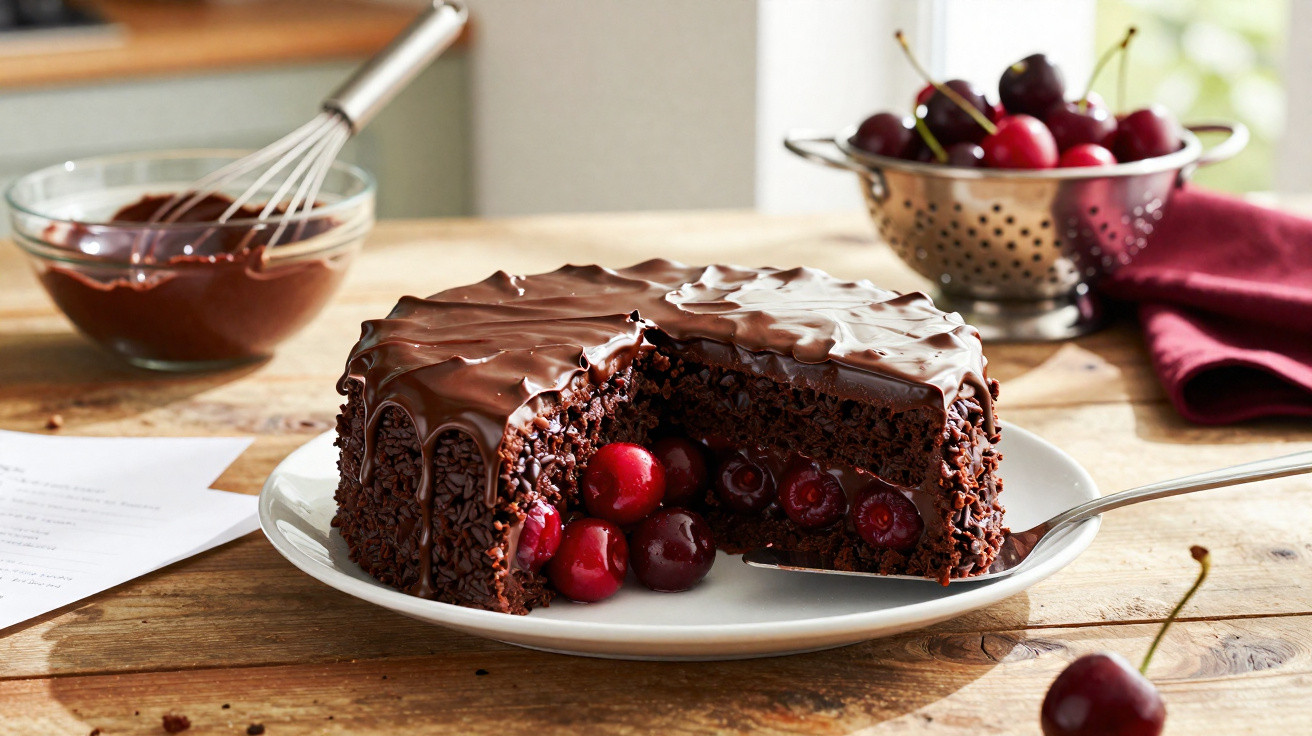 Bolo de chocolate com cobertura cremosa e recheio de cerejas frescas em prato branco sobre mesa de madeira.