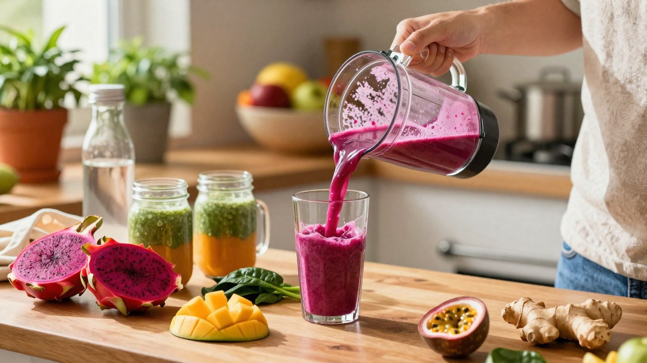 Pessoa derramando smoothie roxo em copo, com frutas tropicais e sucos na mesa de madeira.