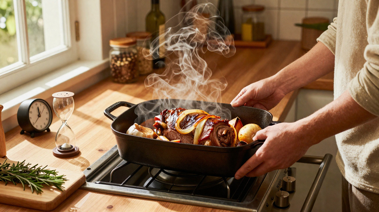 Pessoa retirando assado quente com legumes de forno em cozinha iluminada pela janela.