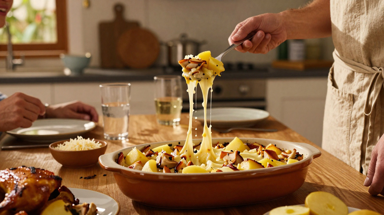 Pessoa servindo batatas gratinadas com queijo derretido em uma mesa de jantar com outras pessoas.