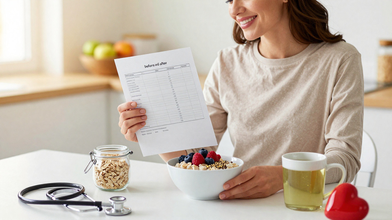 Mulher sorrindo analisando resultados de colesterol enquanto toma café e come cereal com frutas na cozinha.