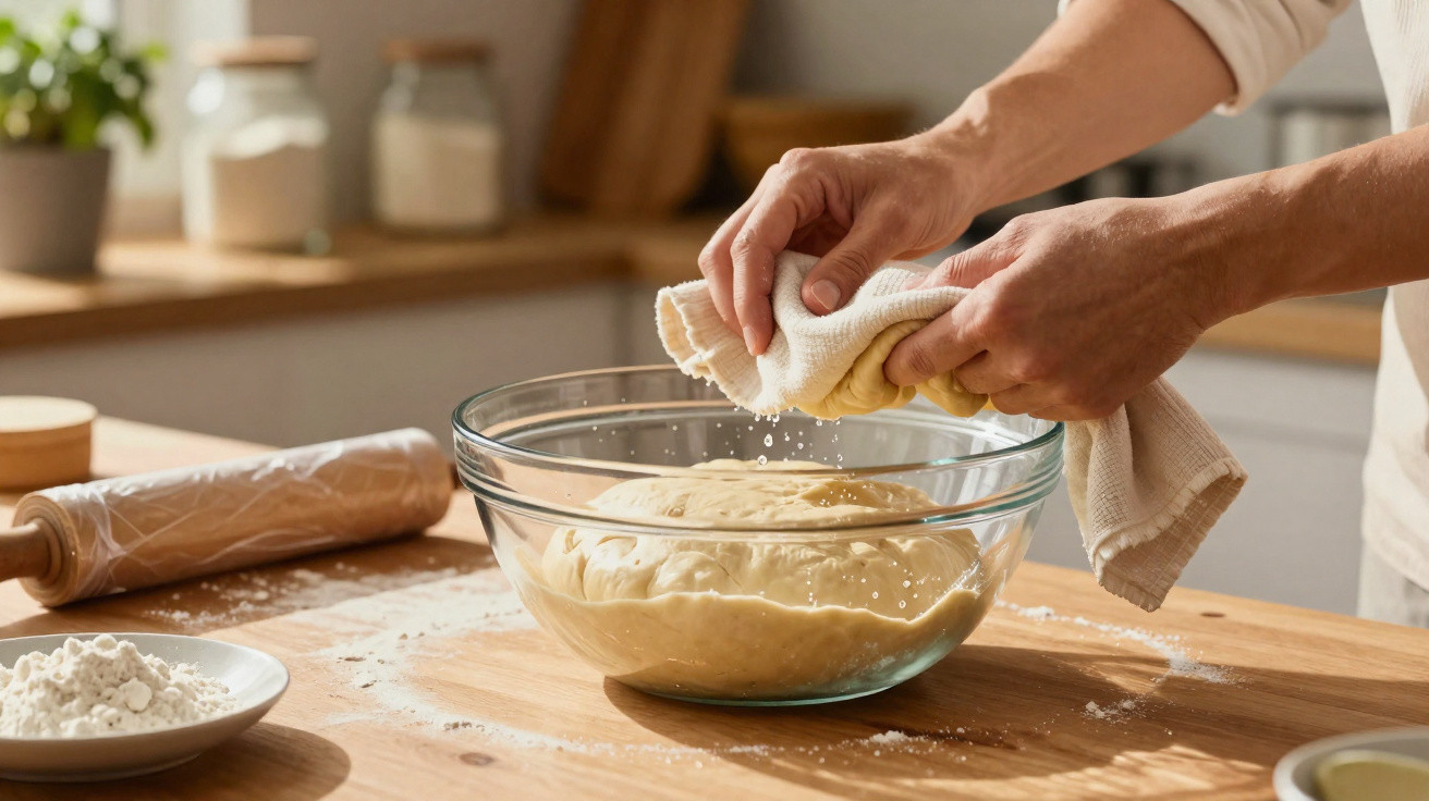 Mãos segurando pano sobre tigela com massa de pão em bancada de cozinha com rolo e farinha.
