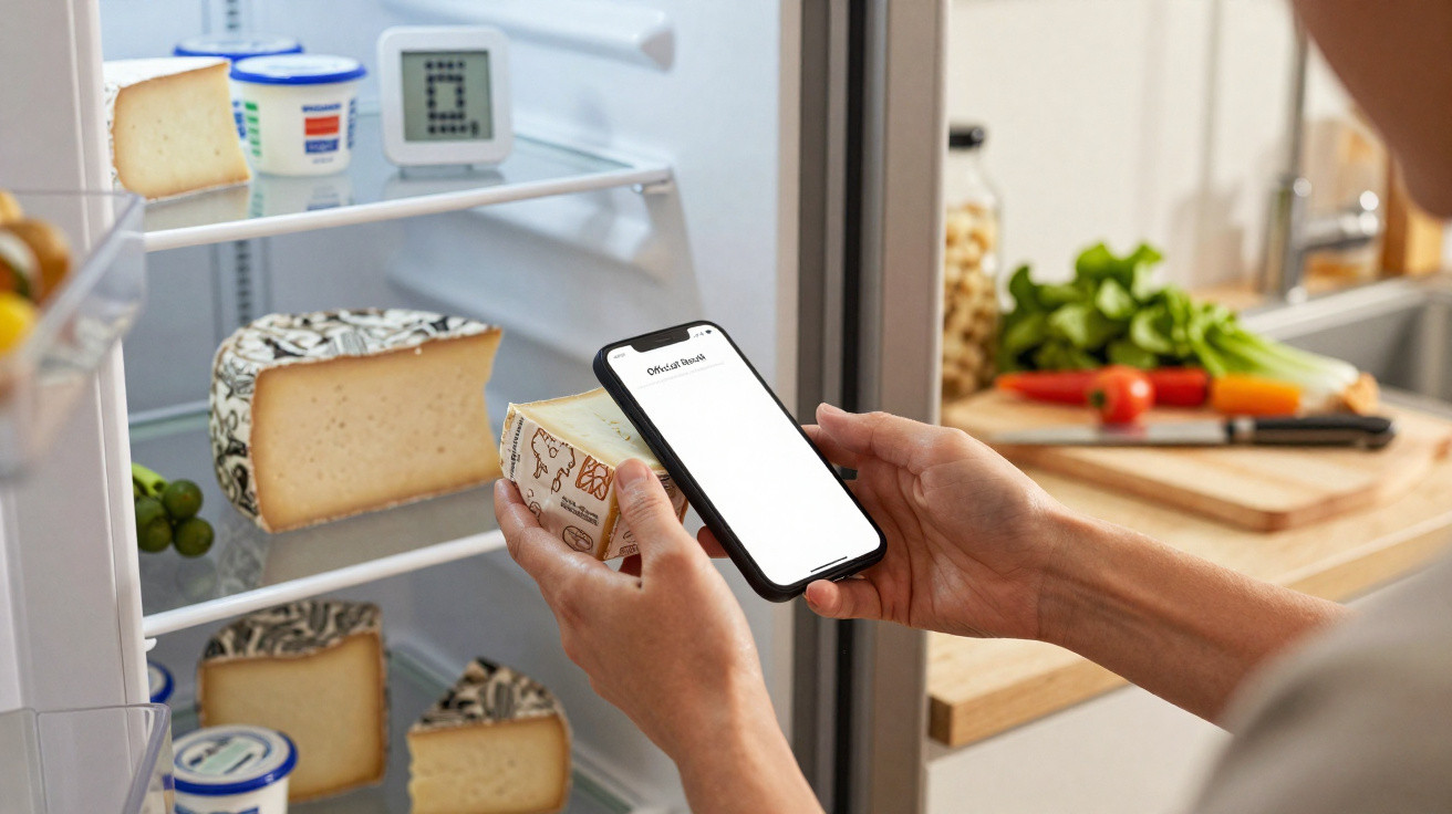 Pessoa segurando smartphone e pedaço de queijo em frente a geladeira aberta com alimentos variados.