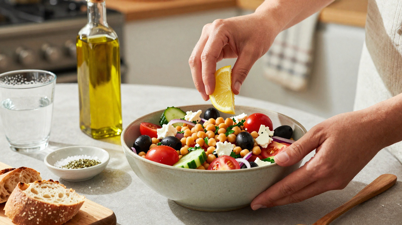 Pessoa adicionando limão em salada colorida com grão-de-bico, tomates, azeitonas e queijo feta em tigela.