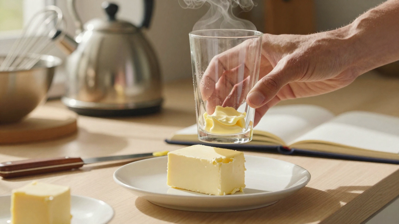 Mão colocando pedaço de manteiga em copo com vapor sobre prato com bloco de manteiga em cozinha.
