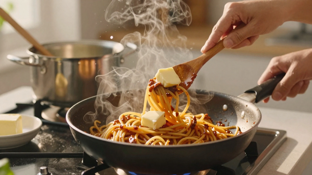 Mãos mexendo espaguete quente na frigideira com pedaço de manteiga no garfo de madeira na cozinha.