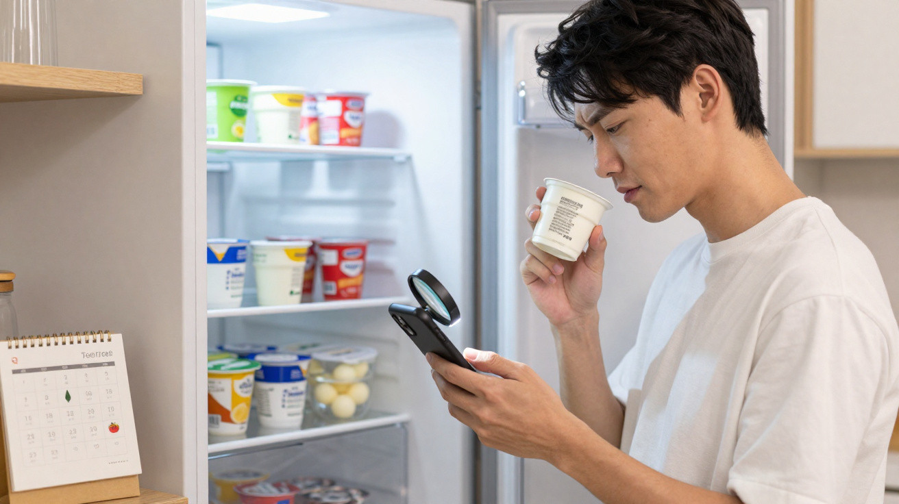 Jovem lendo informações no pote de iogurte próximo à geladeira aberta e olhando celular.