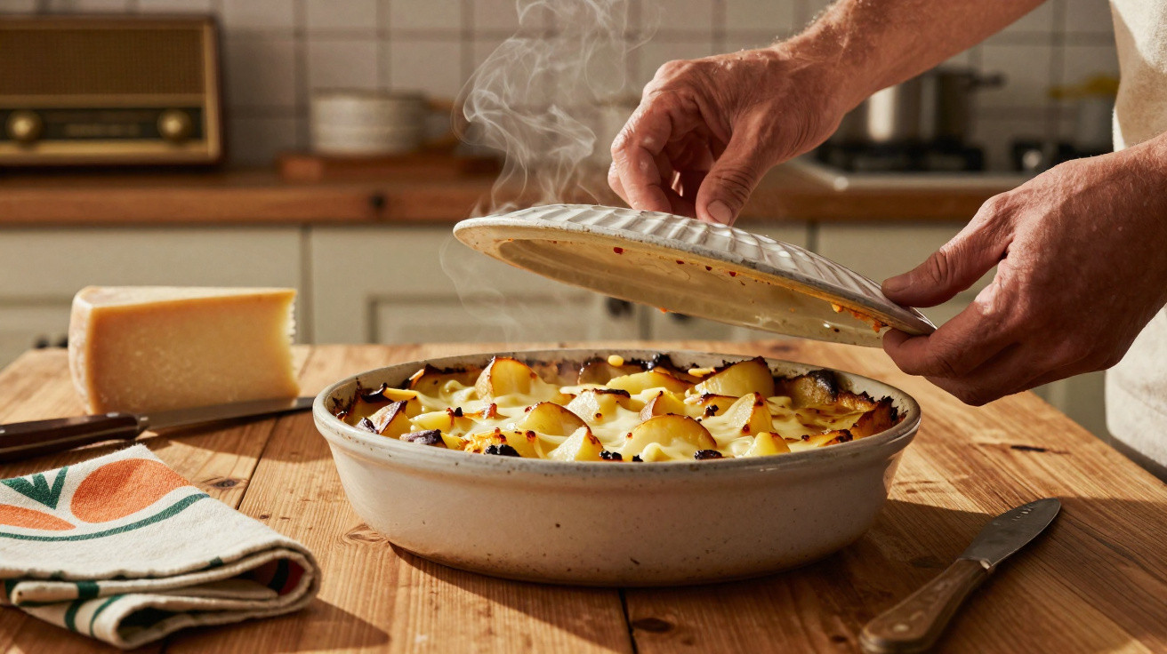 Mãos retirando a tampa de travessa com batatas gratinadas fumegantes em cozinha rústica.