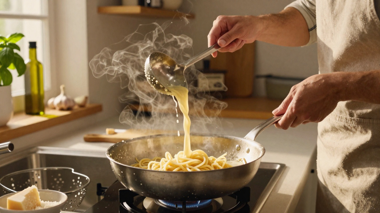 Pessoa mexendo macarrão em frigideira com molho fervente na cozinha iluminada pela janela.