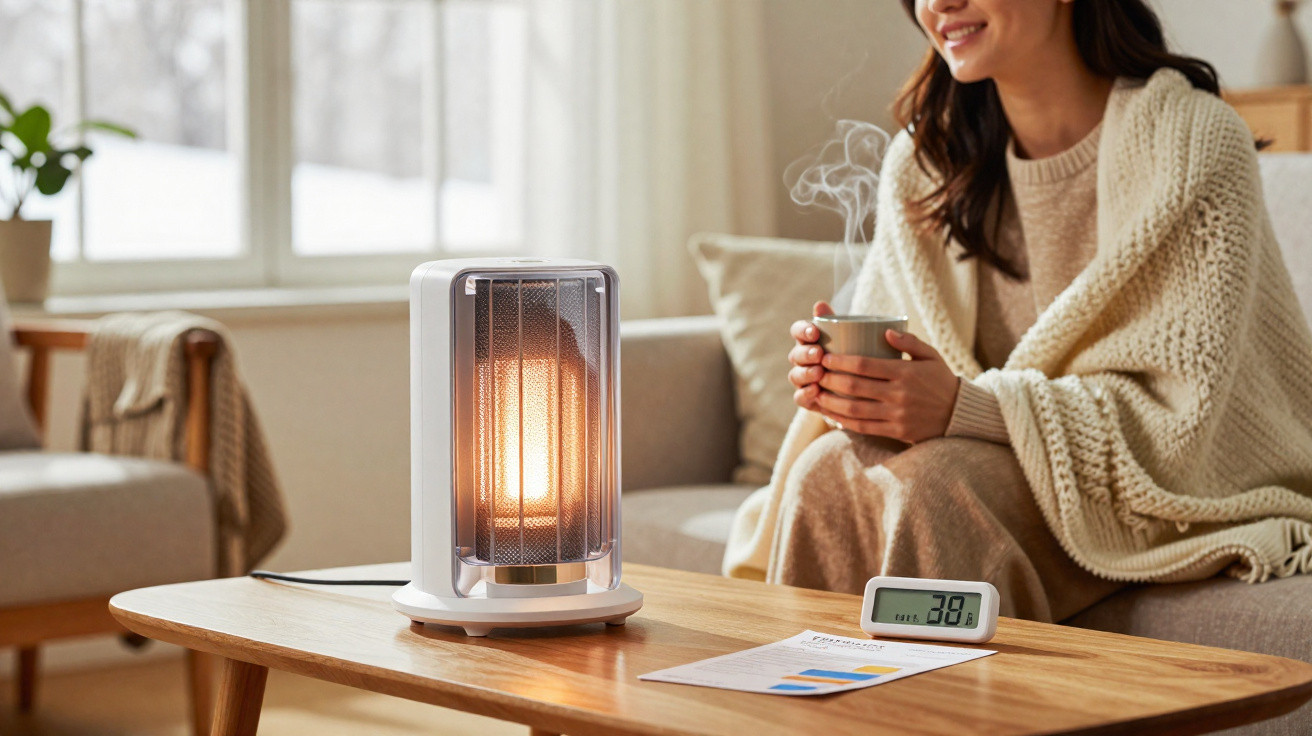 Mulher embrulhada em cobertor sentada no sofá bebendo chá ao lado de aquecedor portátil em sala iluminada.