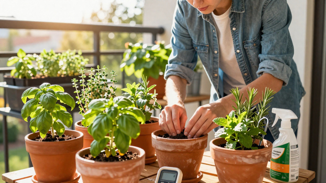 Pessoa plantando em vasos de barro com várias plantas e regador em varanda ensolarada.