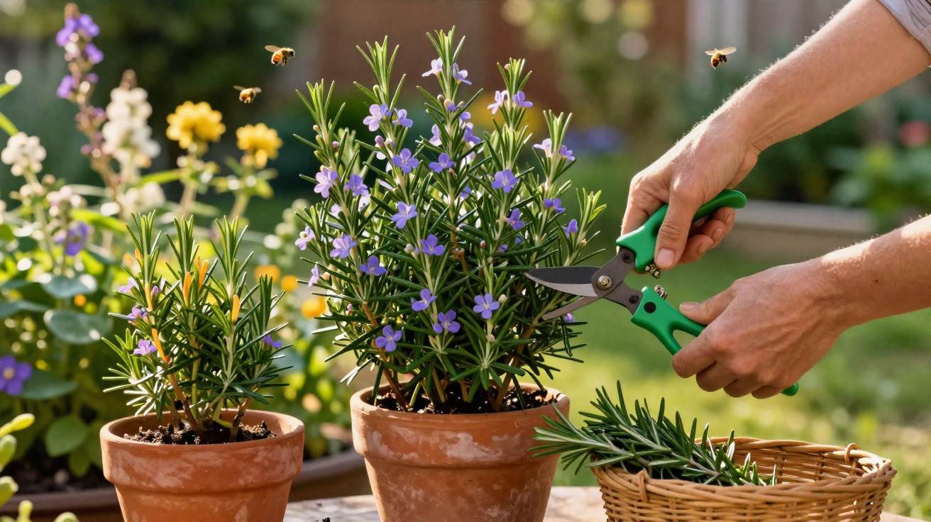 Pessoa podando planta com flores roxas em vaso de barro no jardim com cesta de galhos verdes.