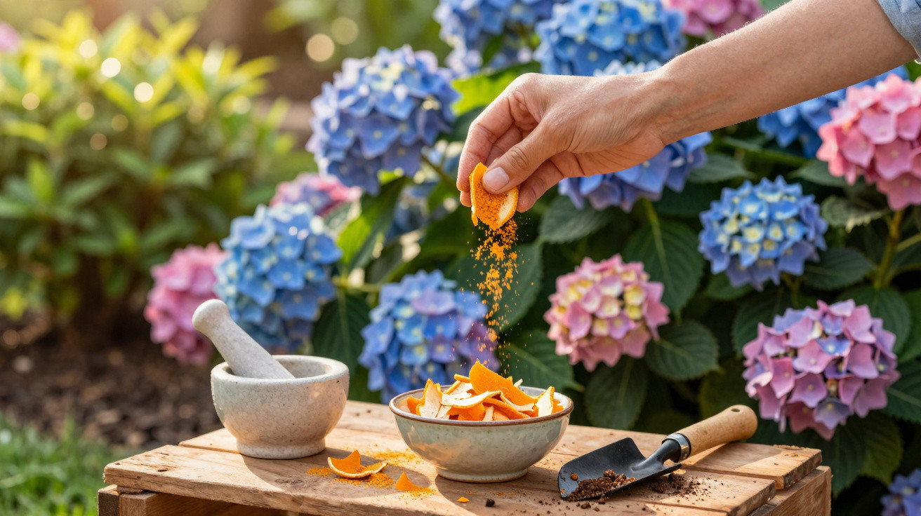 Mãos moendo tempero em cascas de laranja ao lado de almofariz e espátula com flores coloridas ao fundo.