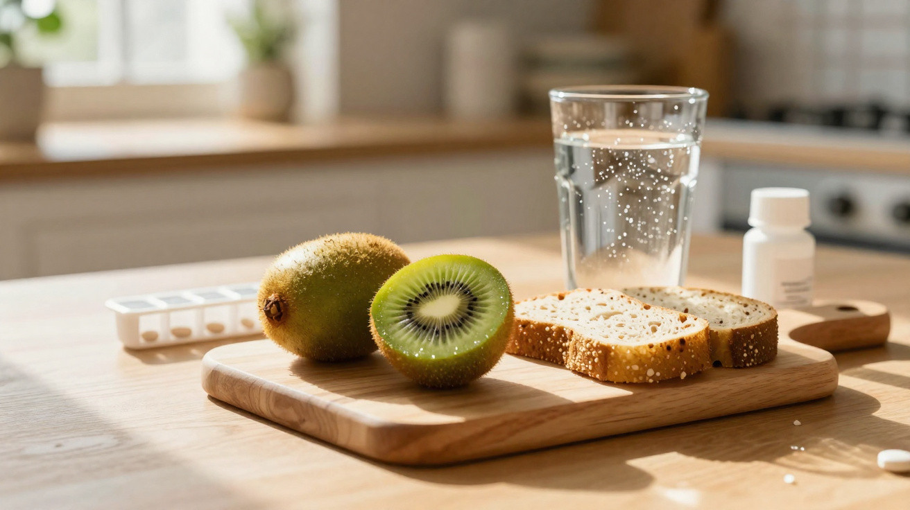 Tábua de madeira com kiwi, fatia de pão, copo d'água, comprimidos e frasco de suplemento na cozinha.