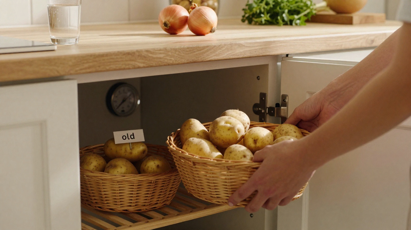 Mãos guardando cesta com batatas em armário de cozinha com cebolas em cesto e copo de água no balcão.