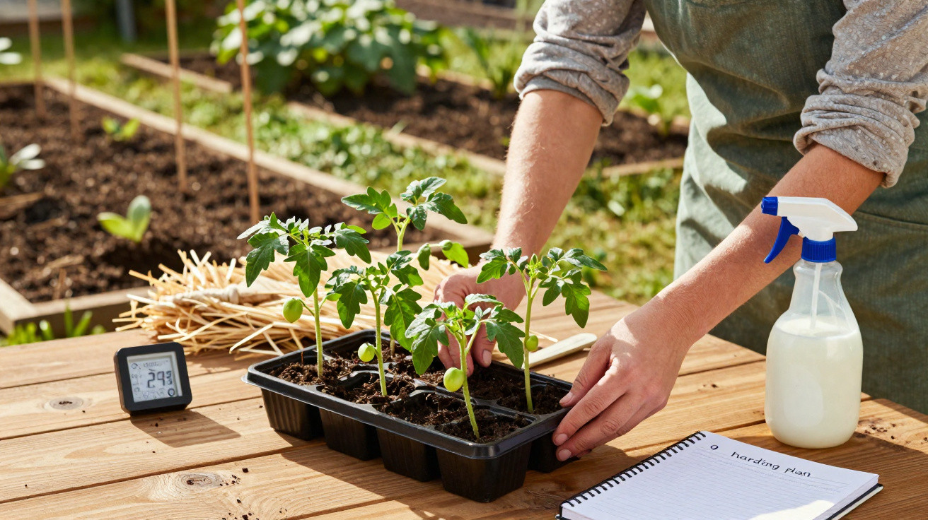 Pessoa cuidando de mudas de plantas em bandeja com pulverizador, termômetro e caderno em mesa de madeira.