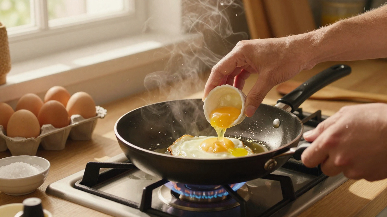 Pessoa fritando ovo em frigideira no fogão a gás com ovos e sal ao lado na cozinha iluminada.