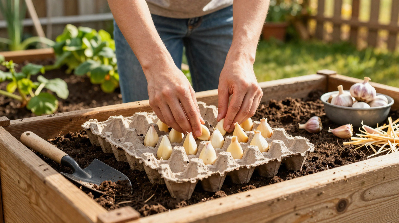 Mãos plantando dentes de alho em uma caixa de papelão sobre canteiro de madeira com terra.