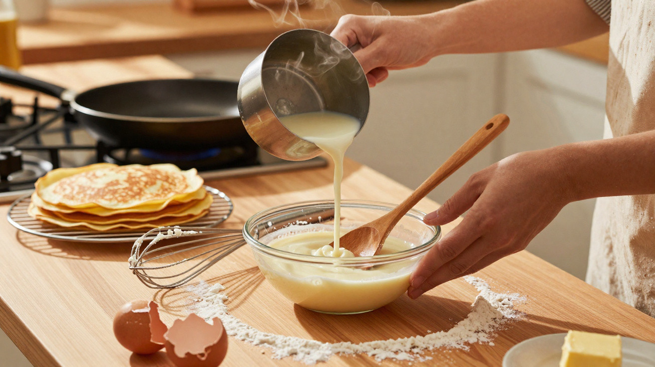 Pessoa misturando massa líquida em tigela de vidro para preparar panquecas na cozinha organizada.