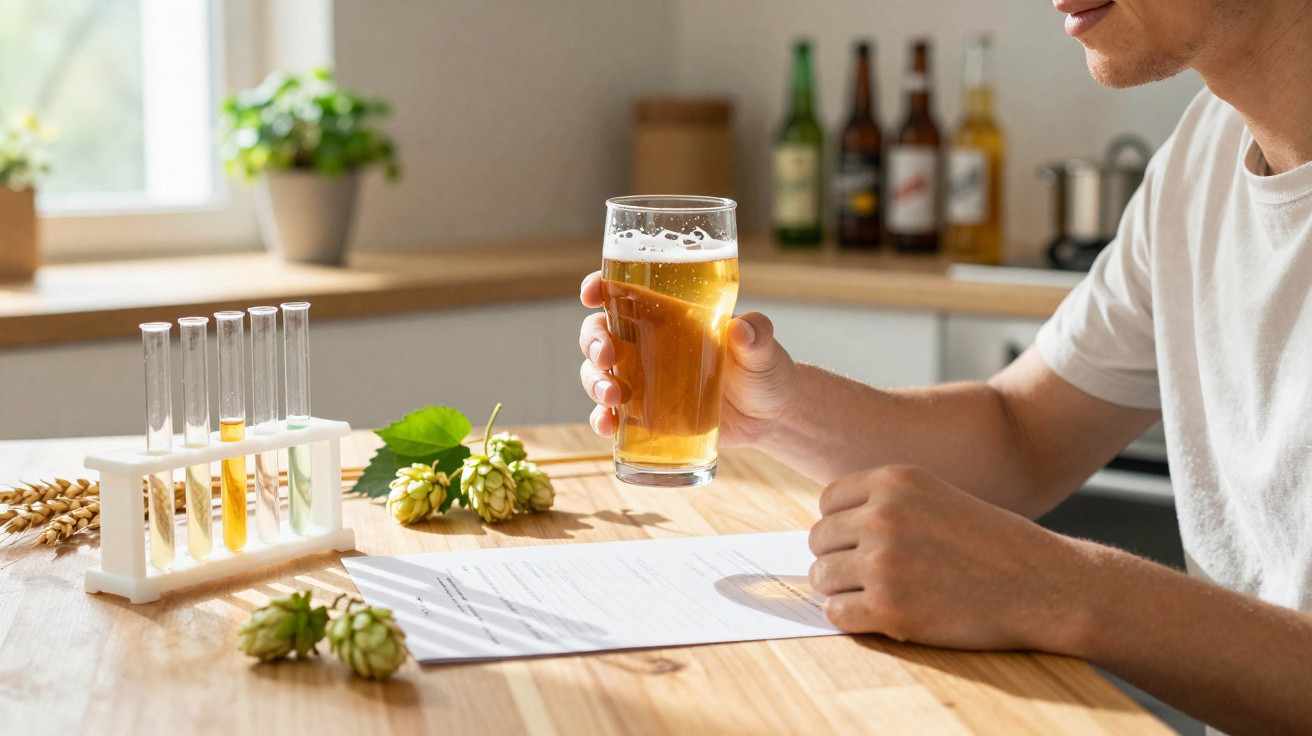 Pessoa segurando copo de cerveja em mesa com amostras, ingredientes e garrafas de cerveja artesanal.