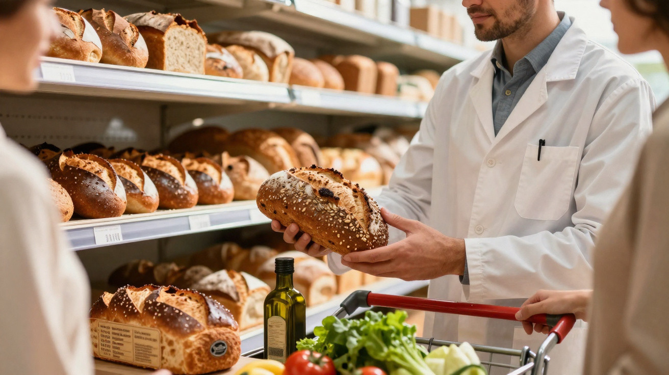 Homem de jaleco branco segurando pão com gergelim em padaria, carrinho com legumes e azeite.