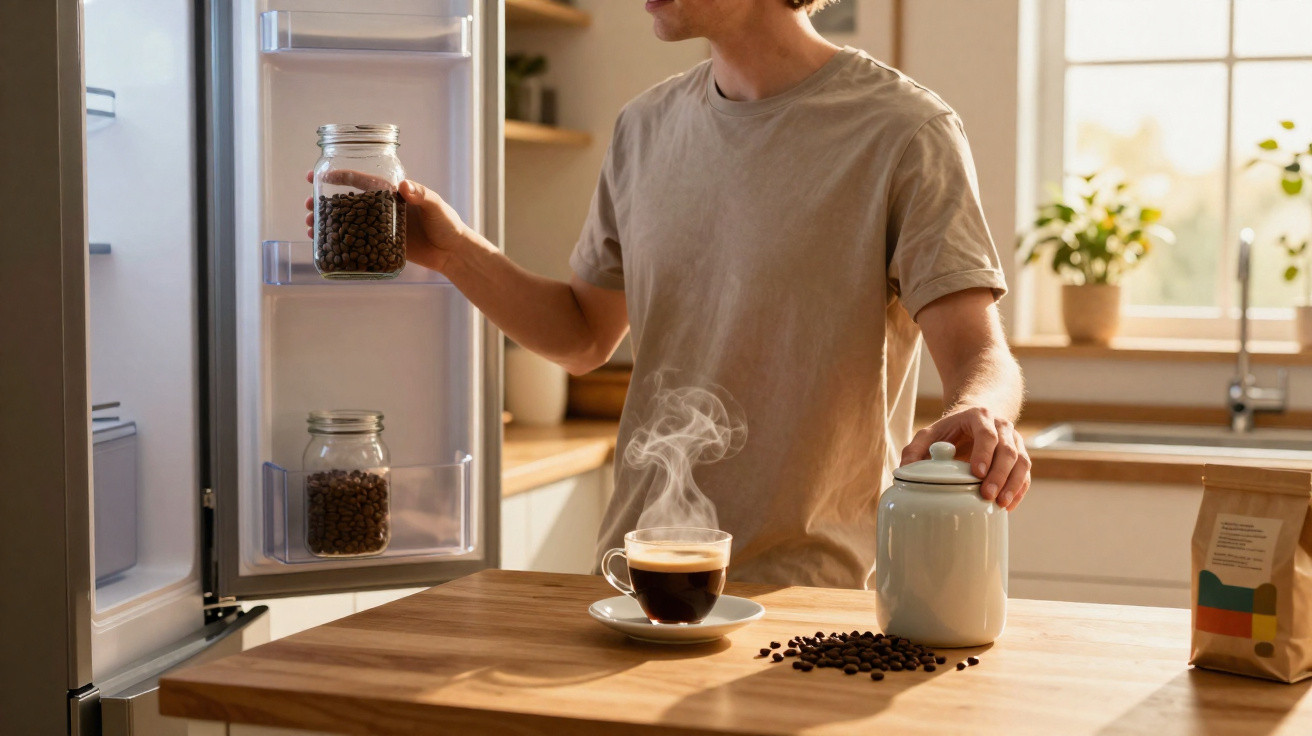 Pessoa segurando pote com grãos de café em cozinha, perto de xícara de café quente sobre a mesa.