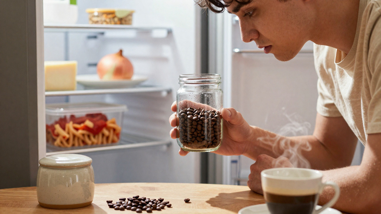 Jovem segurando pote com grãos de café perto de geladeira aberta e xícara de café fumegante.