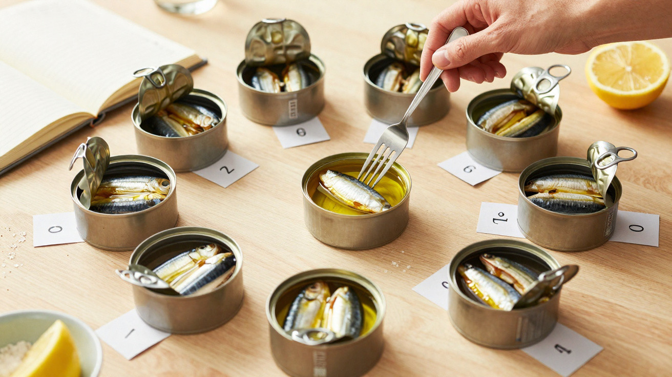 Conjunto de latas abertas com sardinhas e uma lata com azeite no centro, garfo à mão, em mesa de madeira.