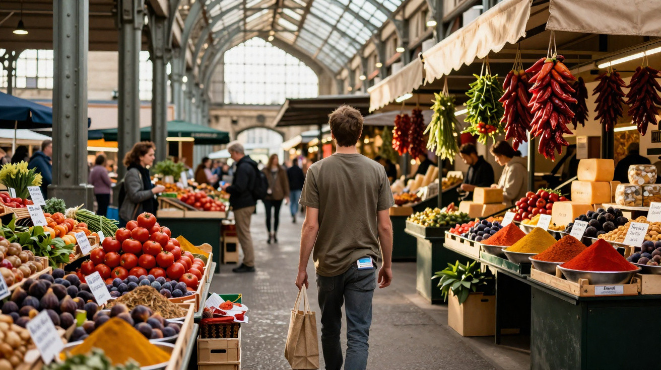 Pessoa caminhando por mercado interno com barracas de frutas, temperos e pimentas penduradas.