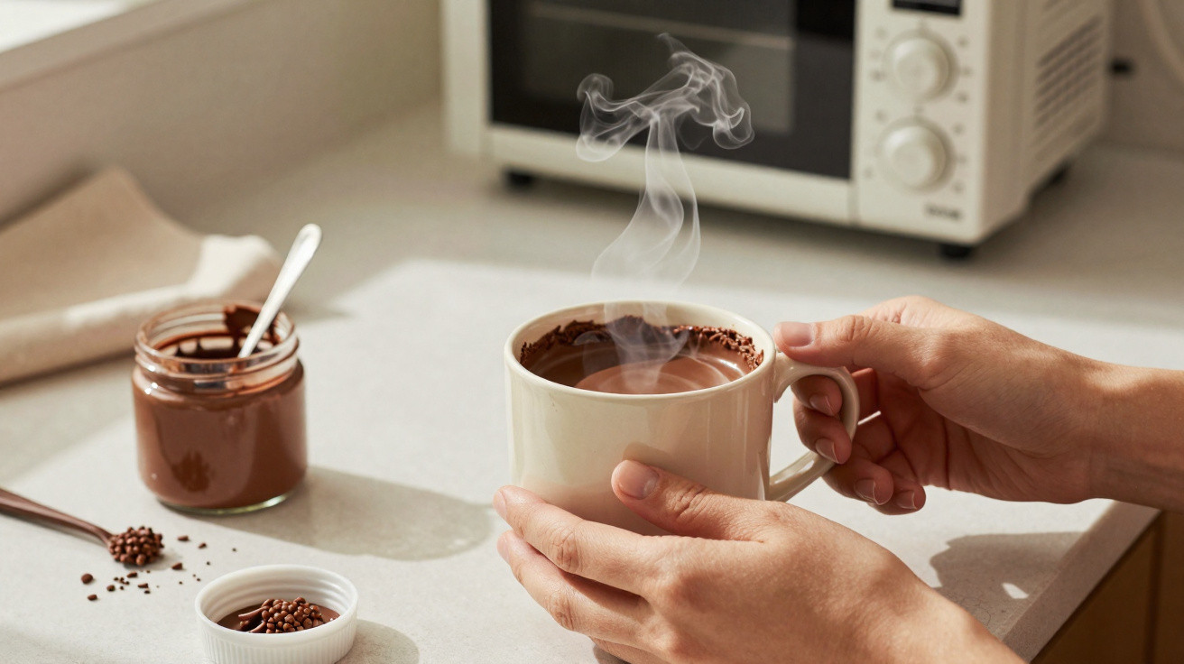 Mãos segurando caneca com bebida quente de chocolate, pote aberto e micro-ondas ao fundo na bancada.
