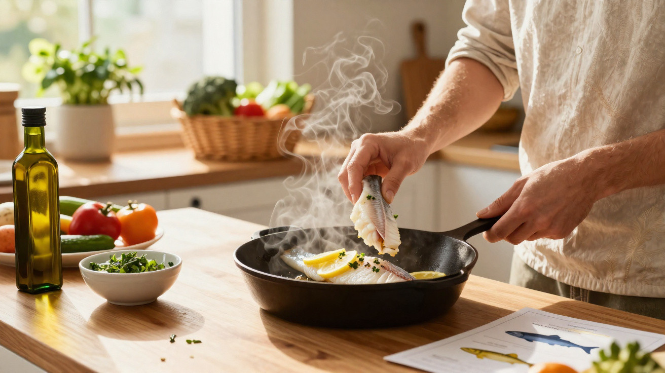 Pessoa temperando peixe com limão e ervas em frigideira na cozinha iluminada natural.