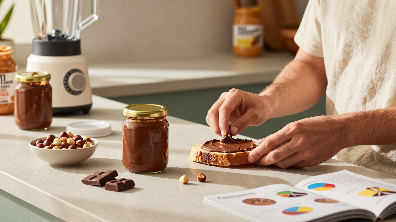 Pessoa passando creme de chocolate em fatia de pão em bancada de cozinha com ingredientes ao lado.