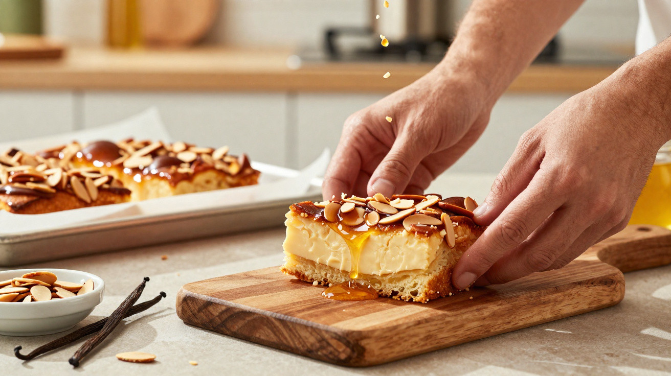 Mãos segurando pedaço de torta cremosa com amêndoas e calda sobre tábua de madeira na cozinha.