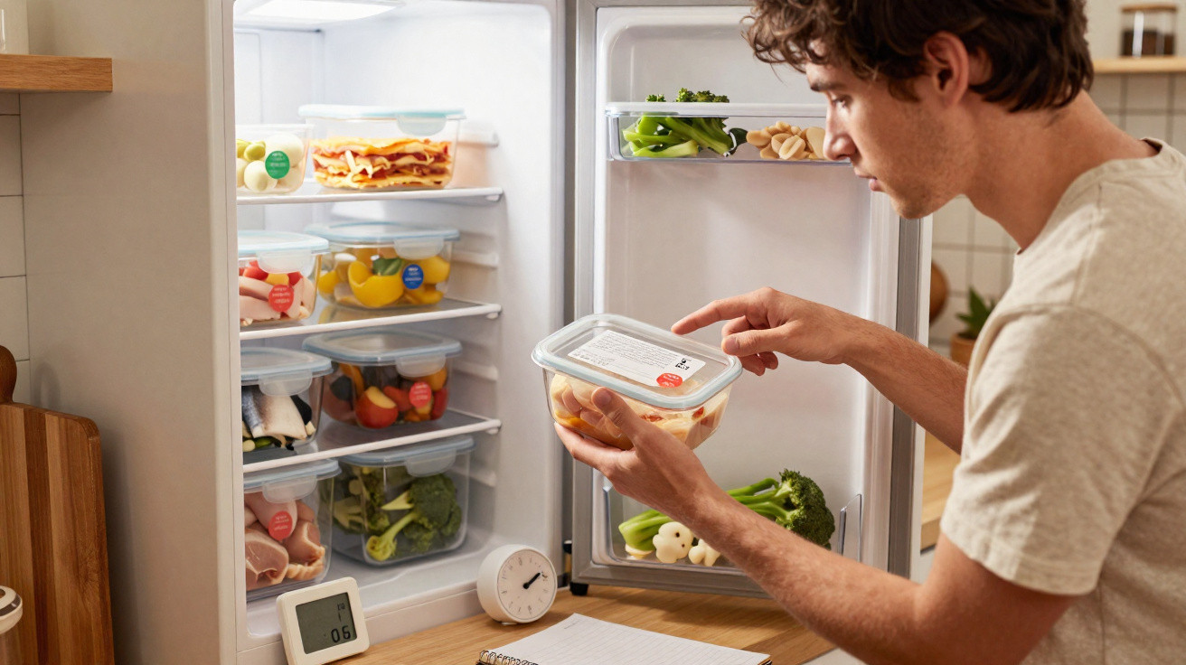 Homem organizando alimentos em recipientes plásticos transparentes dentro da geladeira.