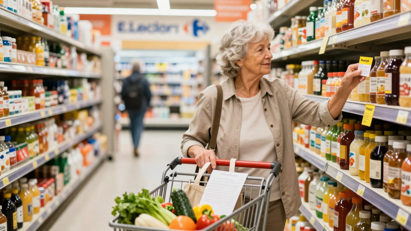 Mulher idosa segurando lista de compras enquanto empurra carrinho com legumes em supermercado.
