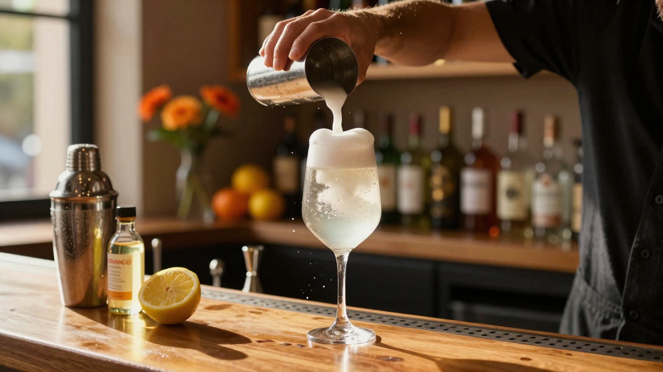 Mão adiciona líquido espumante em taça de coquetel sobre balcão de bar com ingredientes e utensílios.