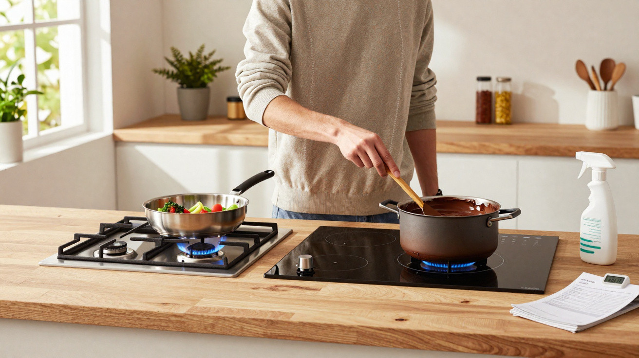 Pessoa cozinhando com panela e frigideira em fogão a gás em cozinha moderna e iluminada.