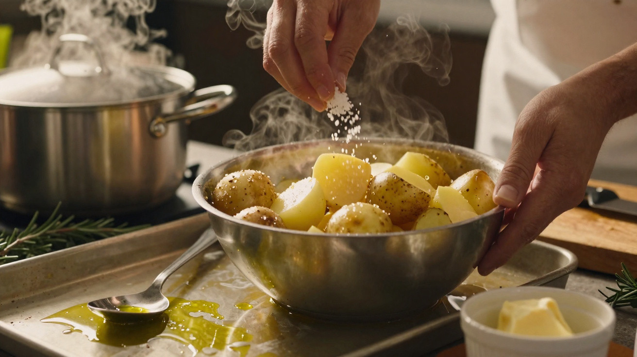 Mãos temperando batatas quentes com sal em tigela de metal sobre bandeja com azeite.