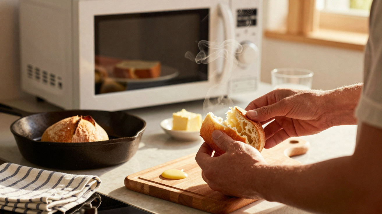 Mãos quebrando pão quente com fumaça saindo, sobre bancada com frigideira, manteiga e micro-ondas ao fundo.