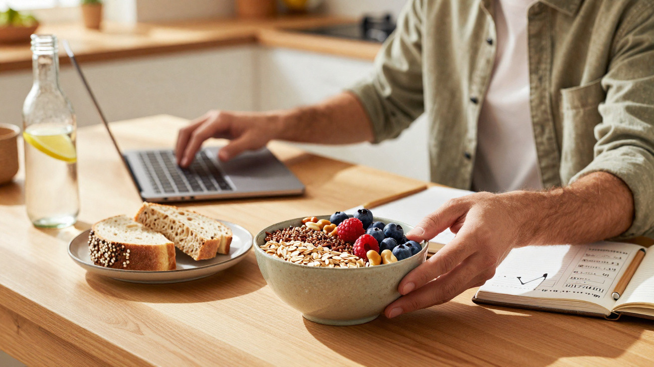 Pessoa trabalhando no laptop com tigela de frutas e cereais e pão em mesa de madeira.
