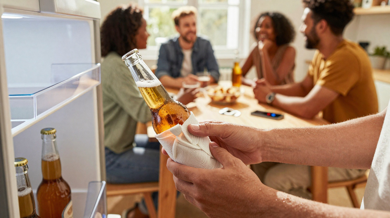 Pessoa segurando garrafa de cerveja gelada enquanto amigos conversam em mesa ao fundo.