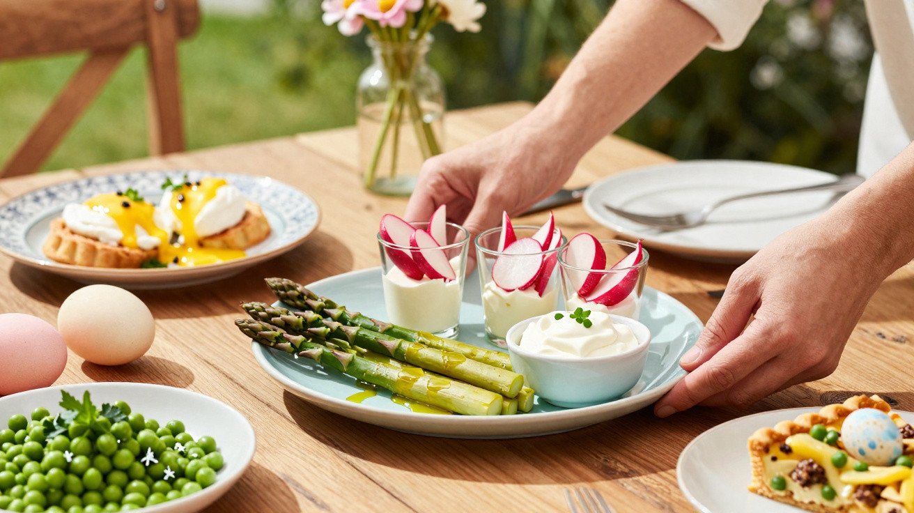 Prato com aspargos, radishes em copos com creme, ervilhas, ovos pochê e torta em mesa de madeira com vaso de flores.