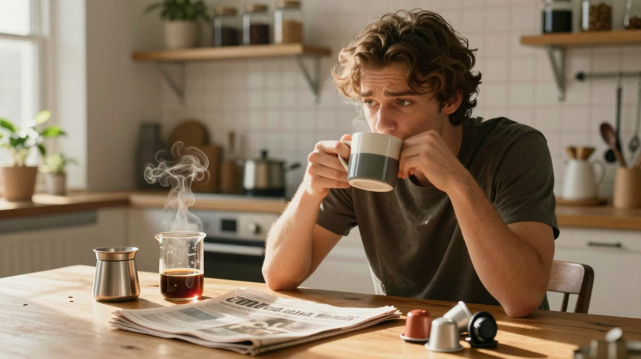 Jovem sentado à mesa na cozinha, tomando café e lendo jornal, com cápsulas de café à sua frente.