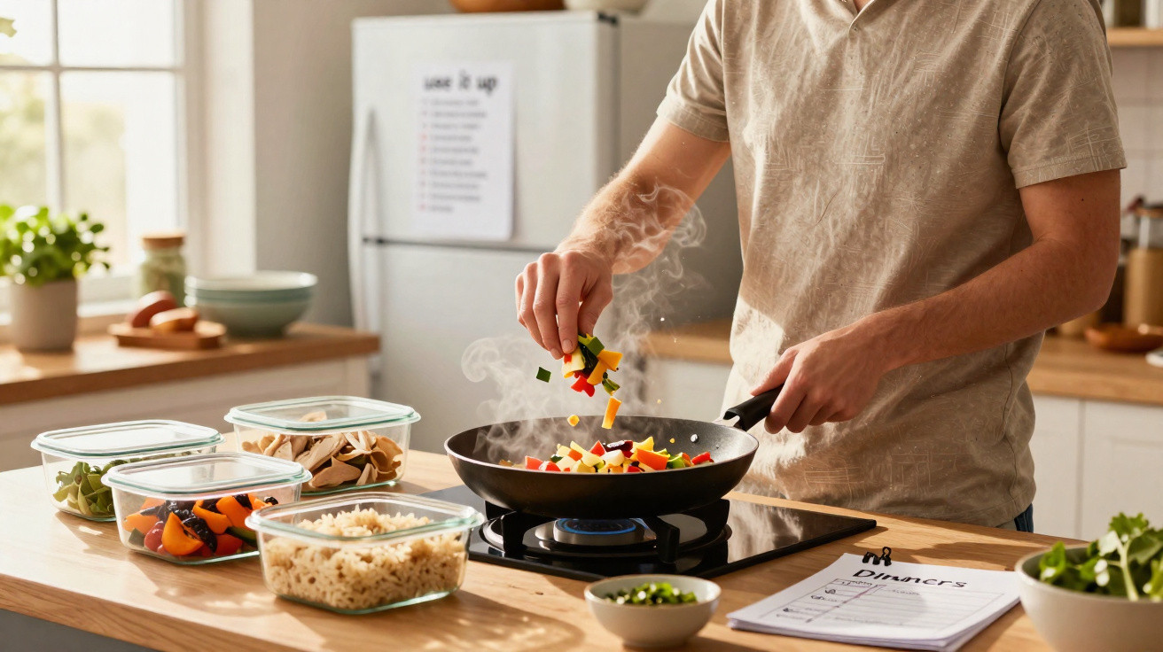 Pessoa cozinhando legumes coloridos em frigideira preta em cozinha iluminada e moderna.
