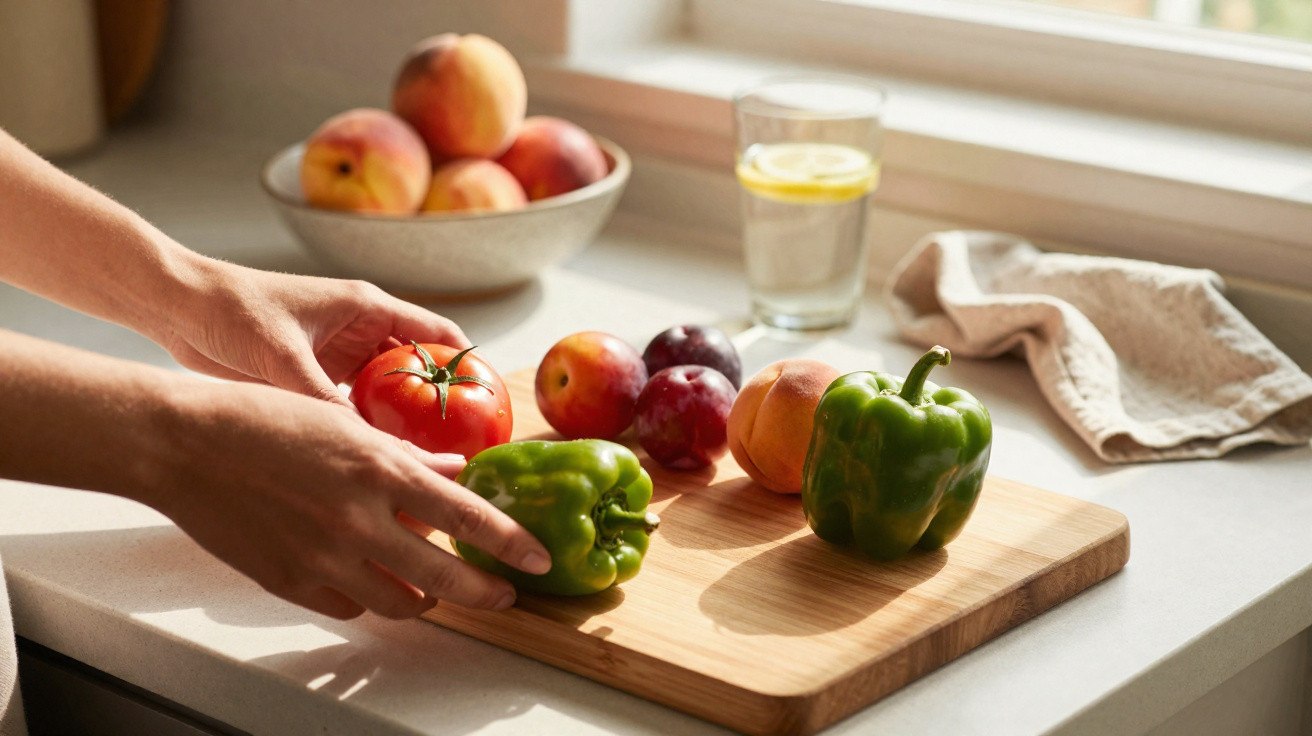 Mãos segurando tomate vermelho e pimentão verde sobre tábua de madeira em cozinha com frutas e copo d'água.